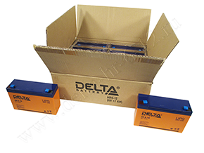 Открытая коробка и аккумулятор Delta HR 6-12 рядом